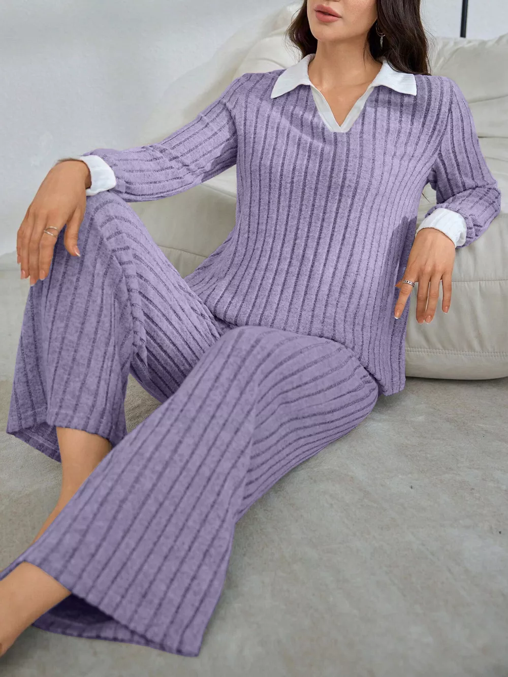Ribbed Knit Polo Collar Top and Pants Lounge Set, image 9