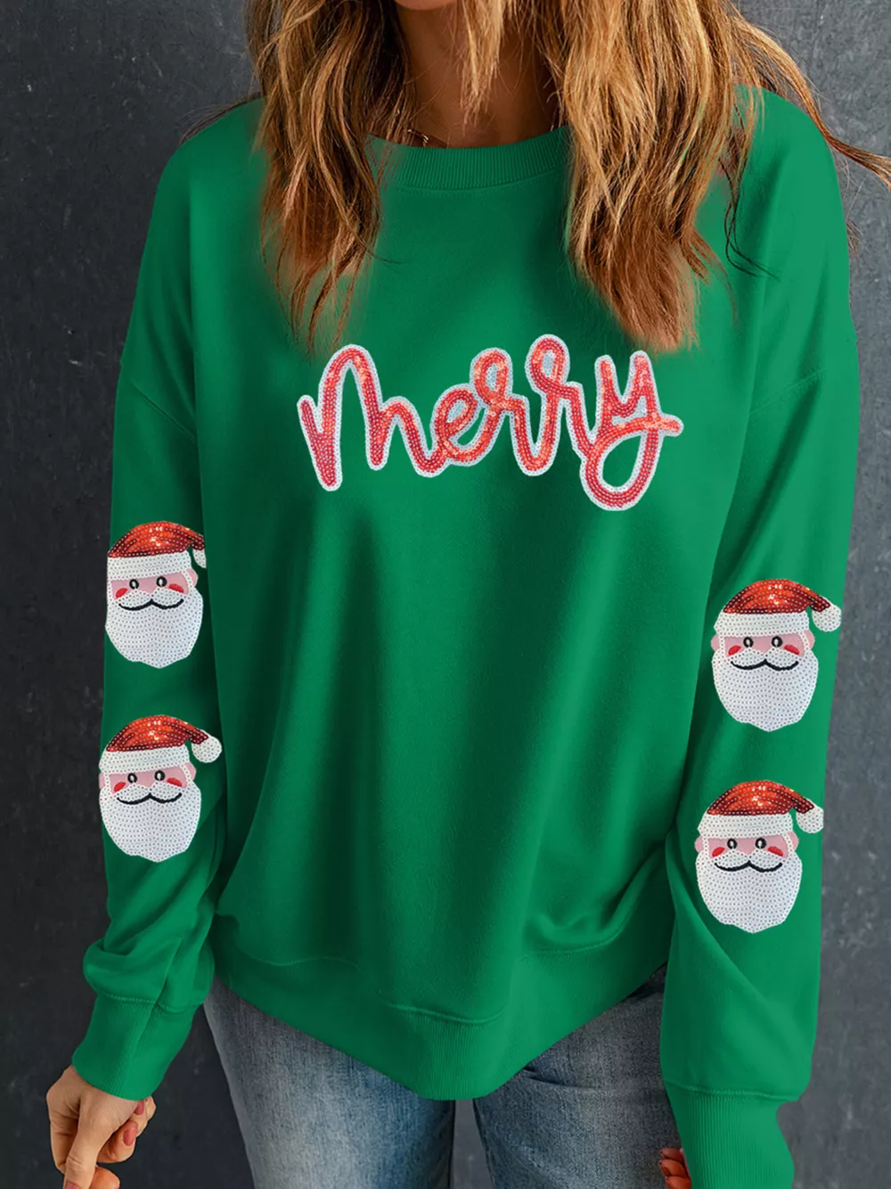Sequin Letter Graphic Father Christmas Patched Sleeve Drop Shoulder Sweatshirt, image 6