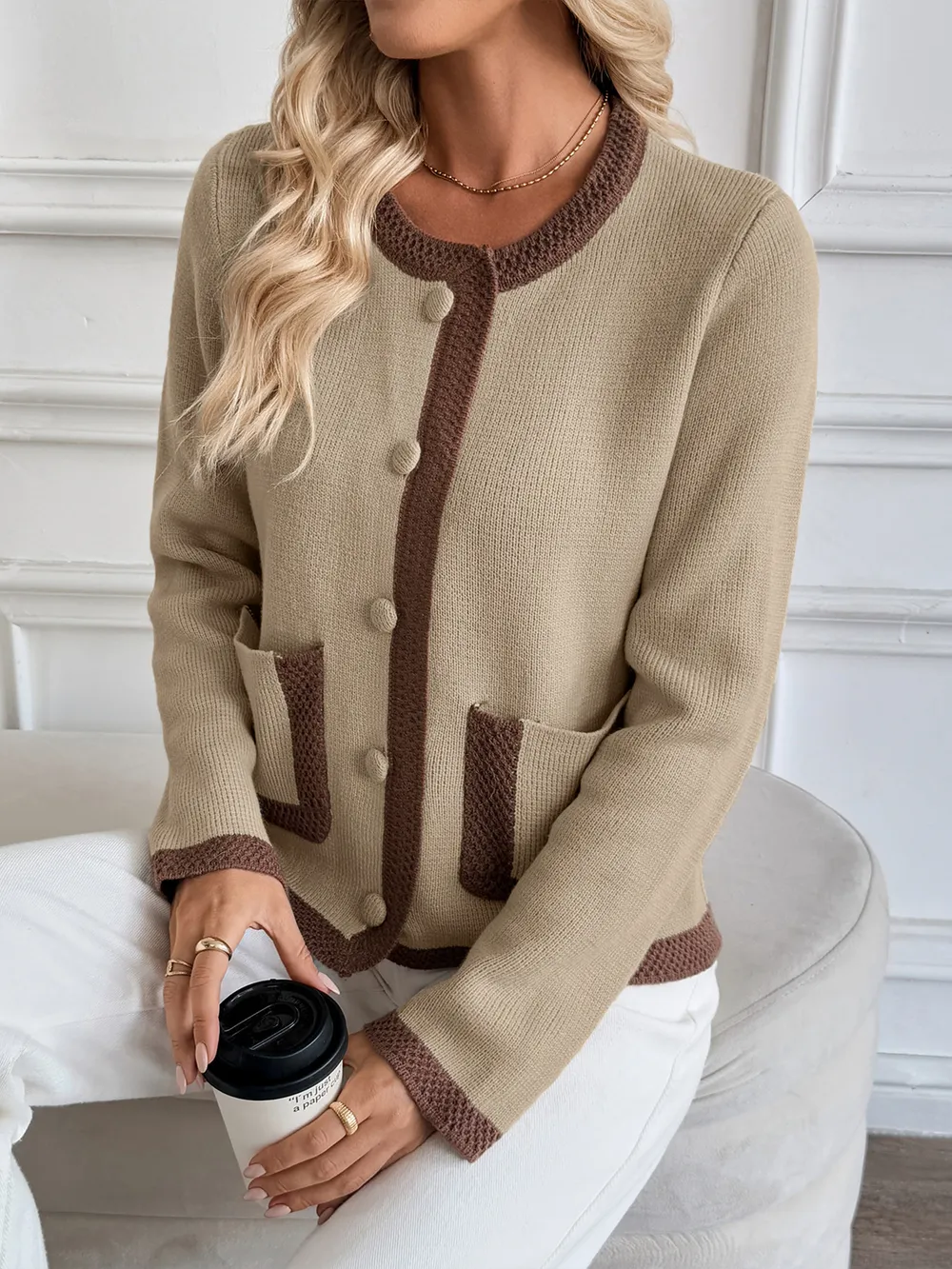 Button-Front Cardigan with Contrast Trim, image 6