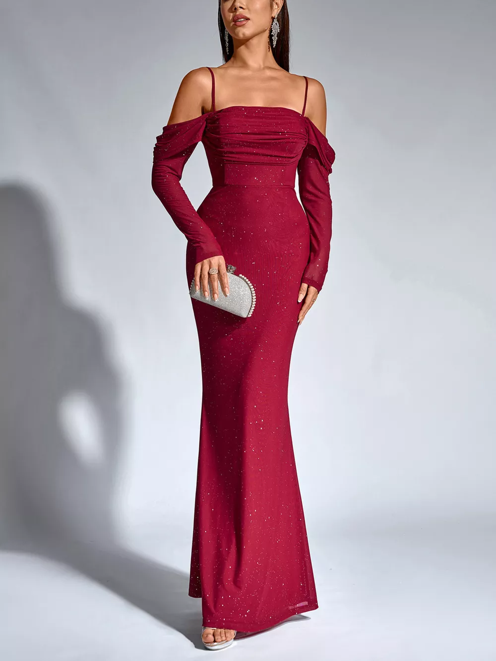 Glitter Ruched Long Sleeve Mermaid Maxi Dress, image 6