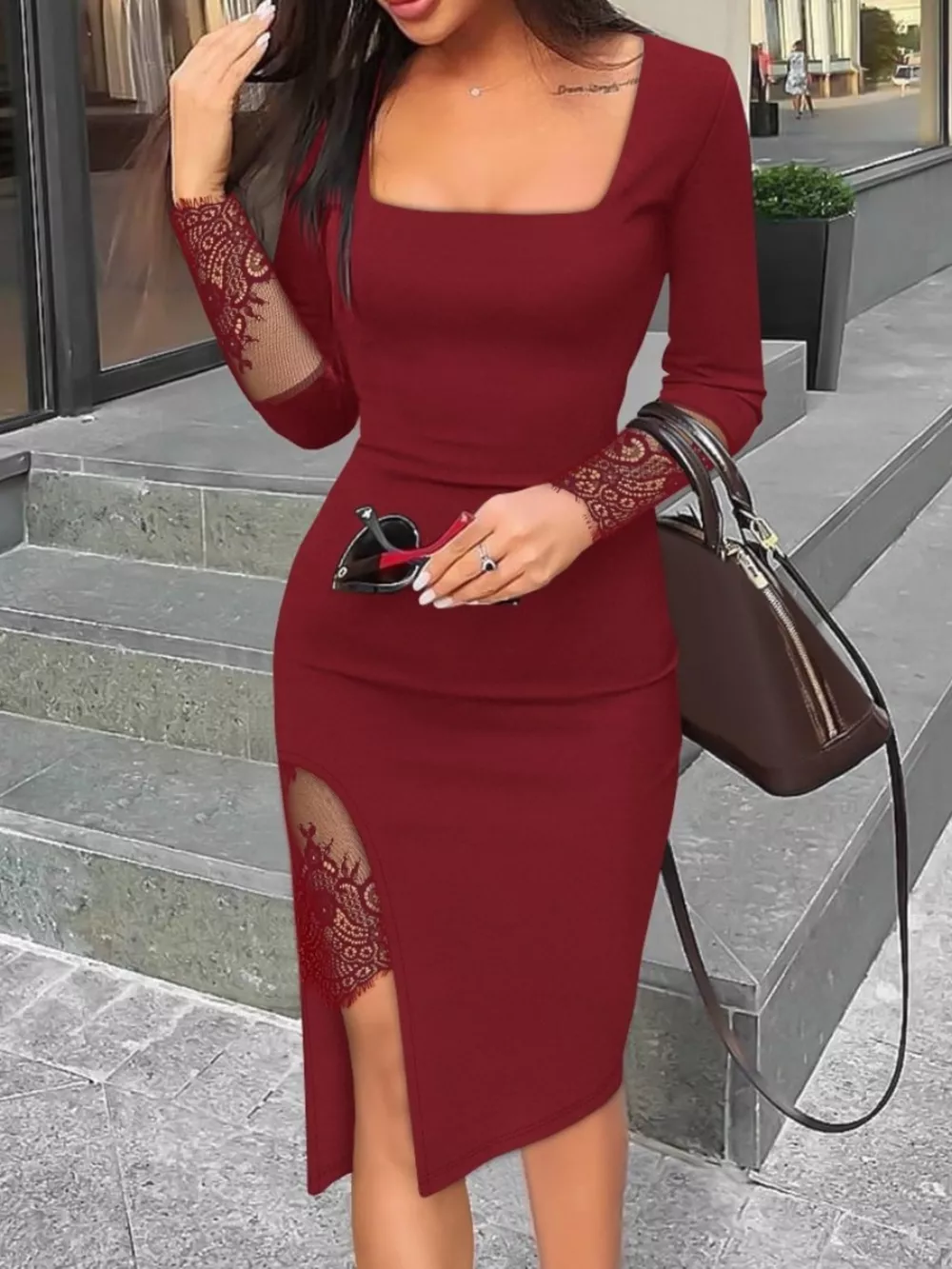 Lace Detail Square Neck Slit Midi Dress, image 5