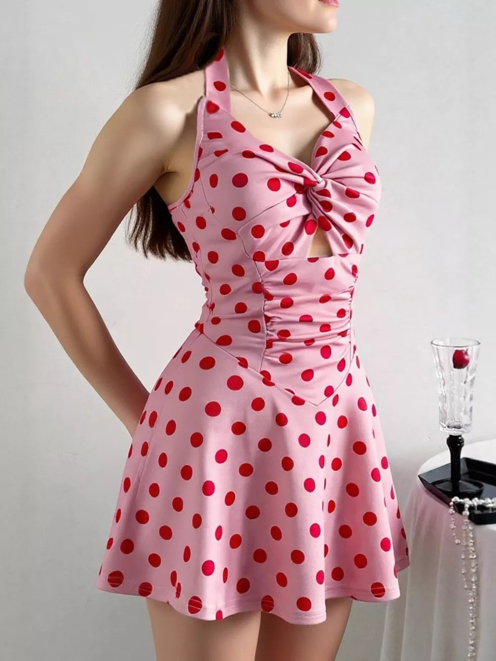 Polka Dot Halter Neck Twisted Front Mini Dress, image 7