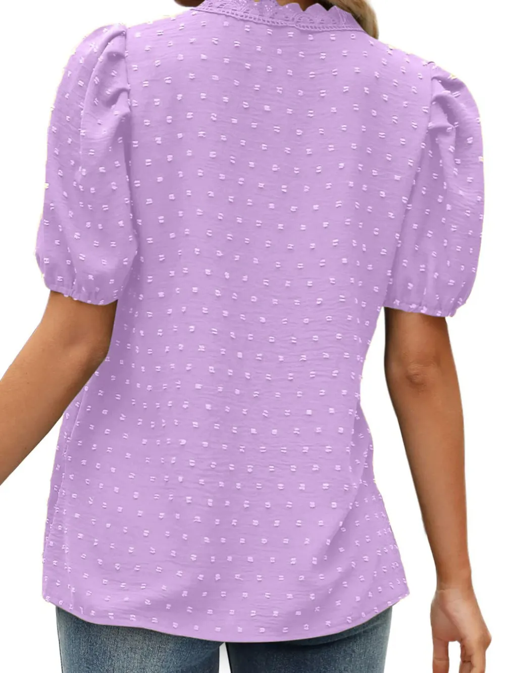 Puff Sleeve Swiss Dot Lace Trim Blouse, image 5