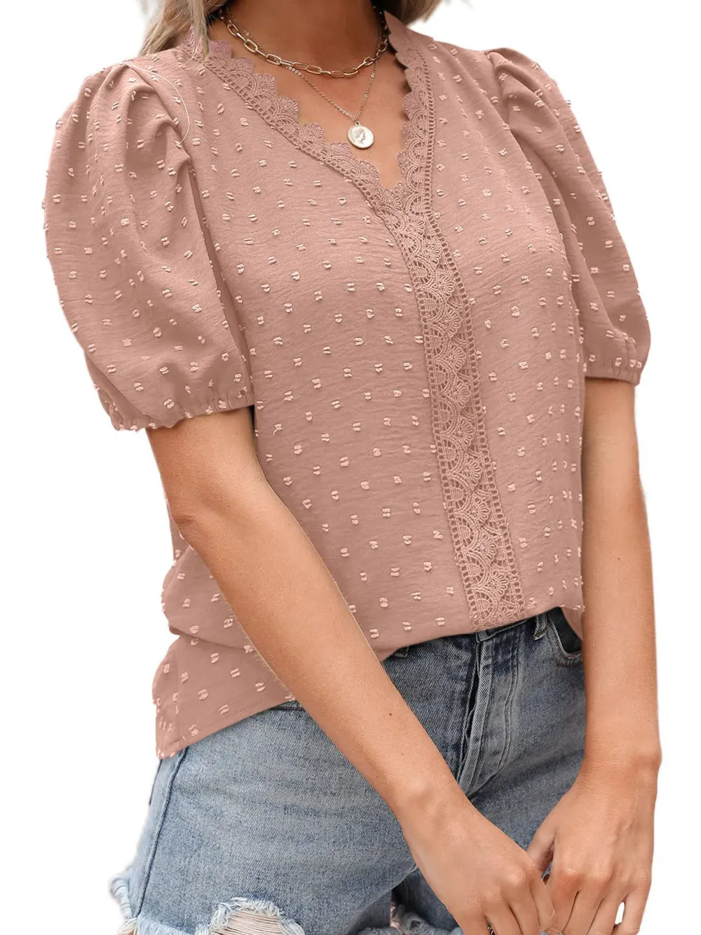 Puff Sleeve Swiss Dot Lace Trim Blouse, image 15