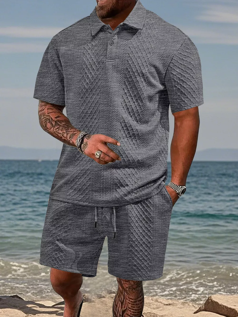 Men's Full Size Textured Knit Polo Shirt & Shorts Set Plus Size