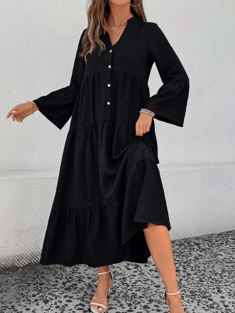 Ruffle Hem Button Front Tiered Dress, image 28