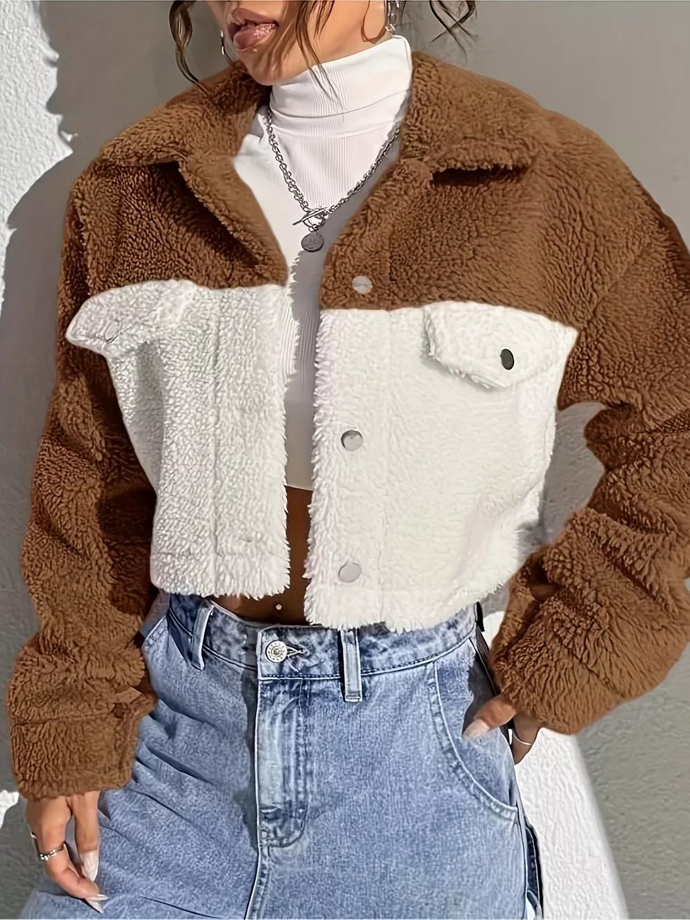 Two-Tone Plush Cropped Jacket, image 8