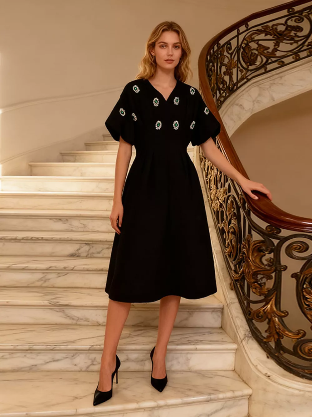Embellished Puff Sleeve Midi Dress