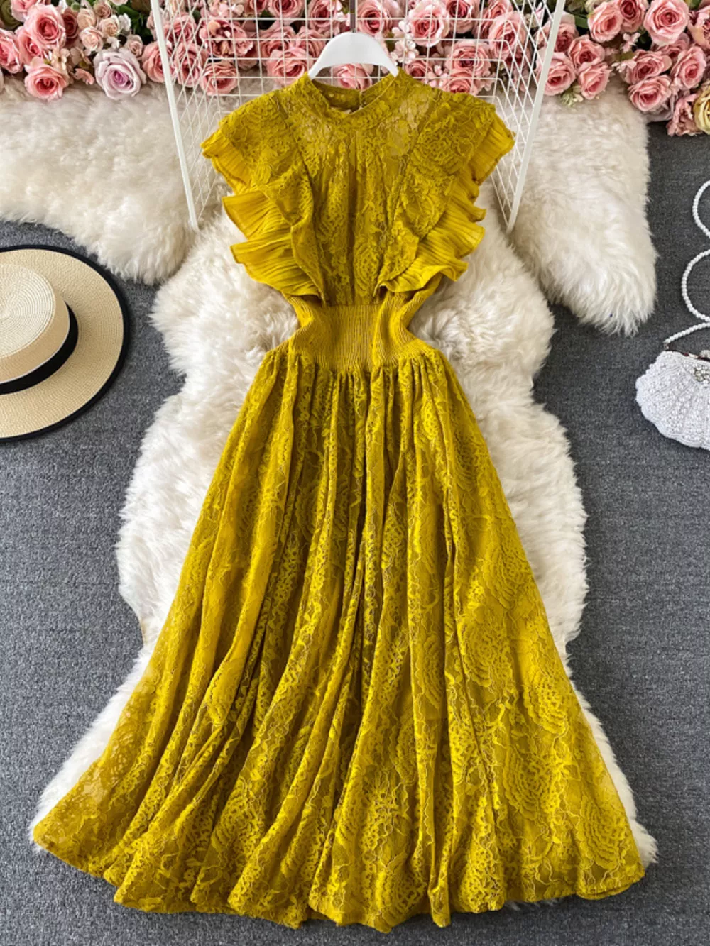 Ruffled Mock Neck Lace Maxi Dress, image 3