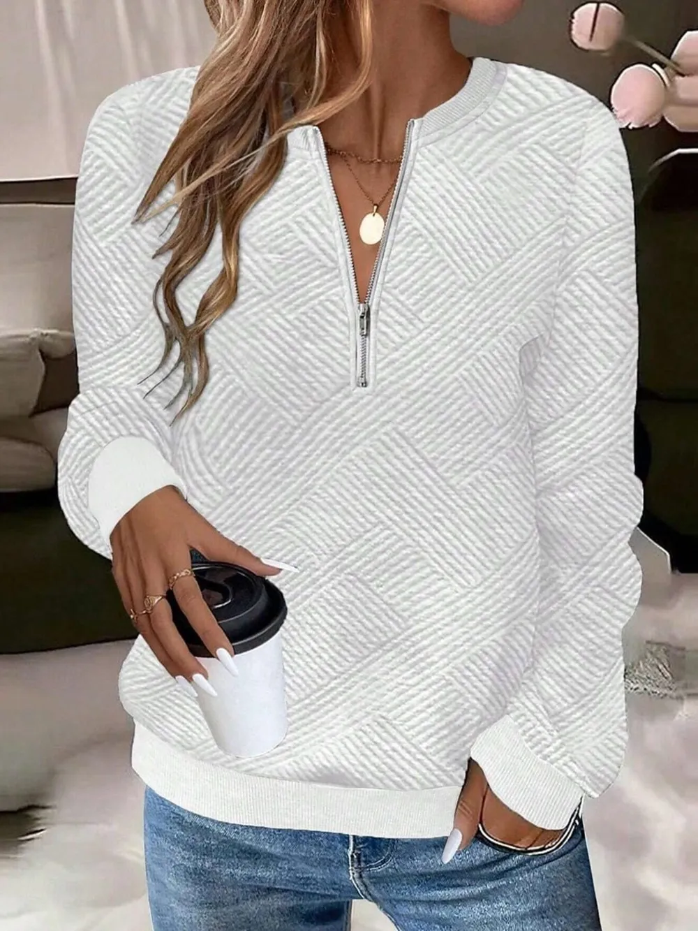 Quarter Zip Textured Long Sleeve Sweatshirt, image 14