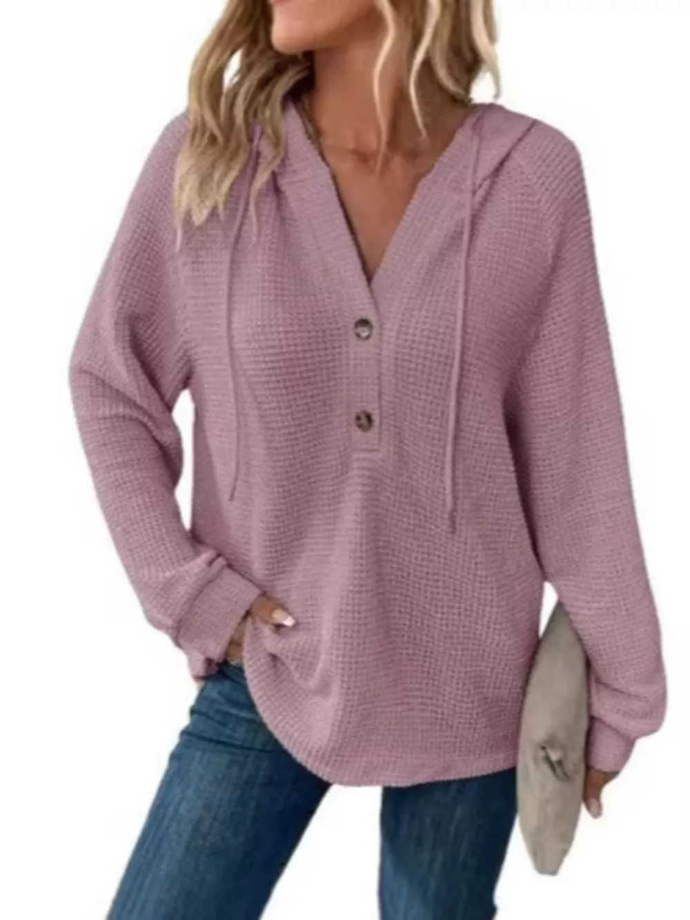 Full Size Waffle Knit Half-Button Hoodie Plus Size, image 16