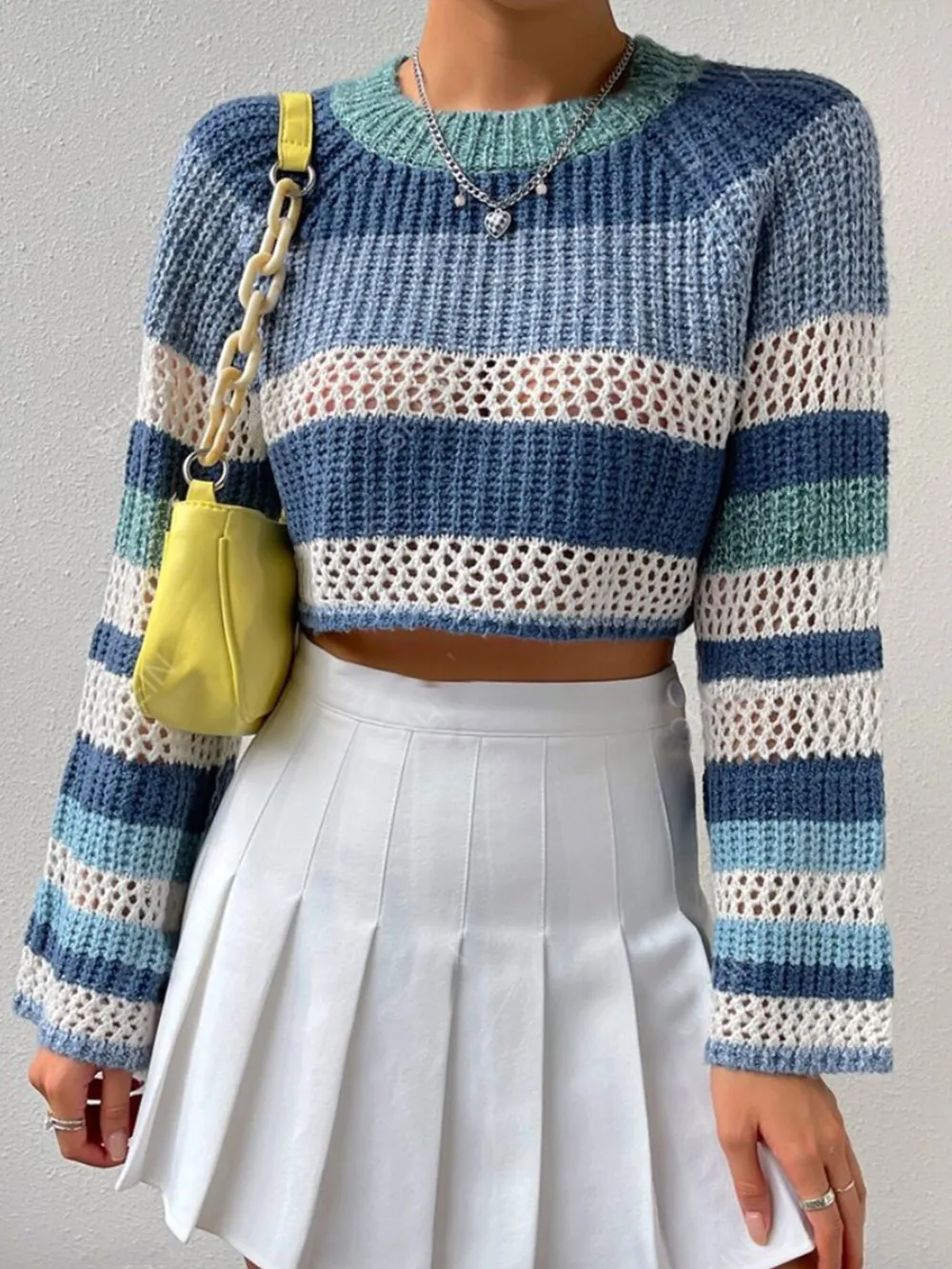 Openwork Striped Color Block Crop Sweater, image 4