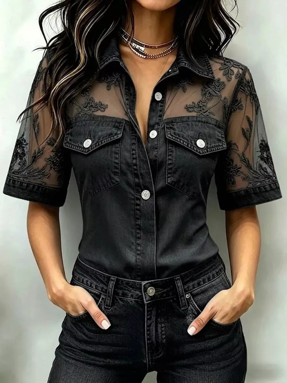 Full Size Denim Look Lace Short Sleeve Shirt Plus Size, image 5