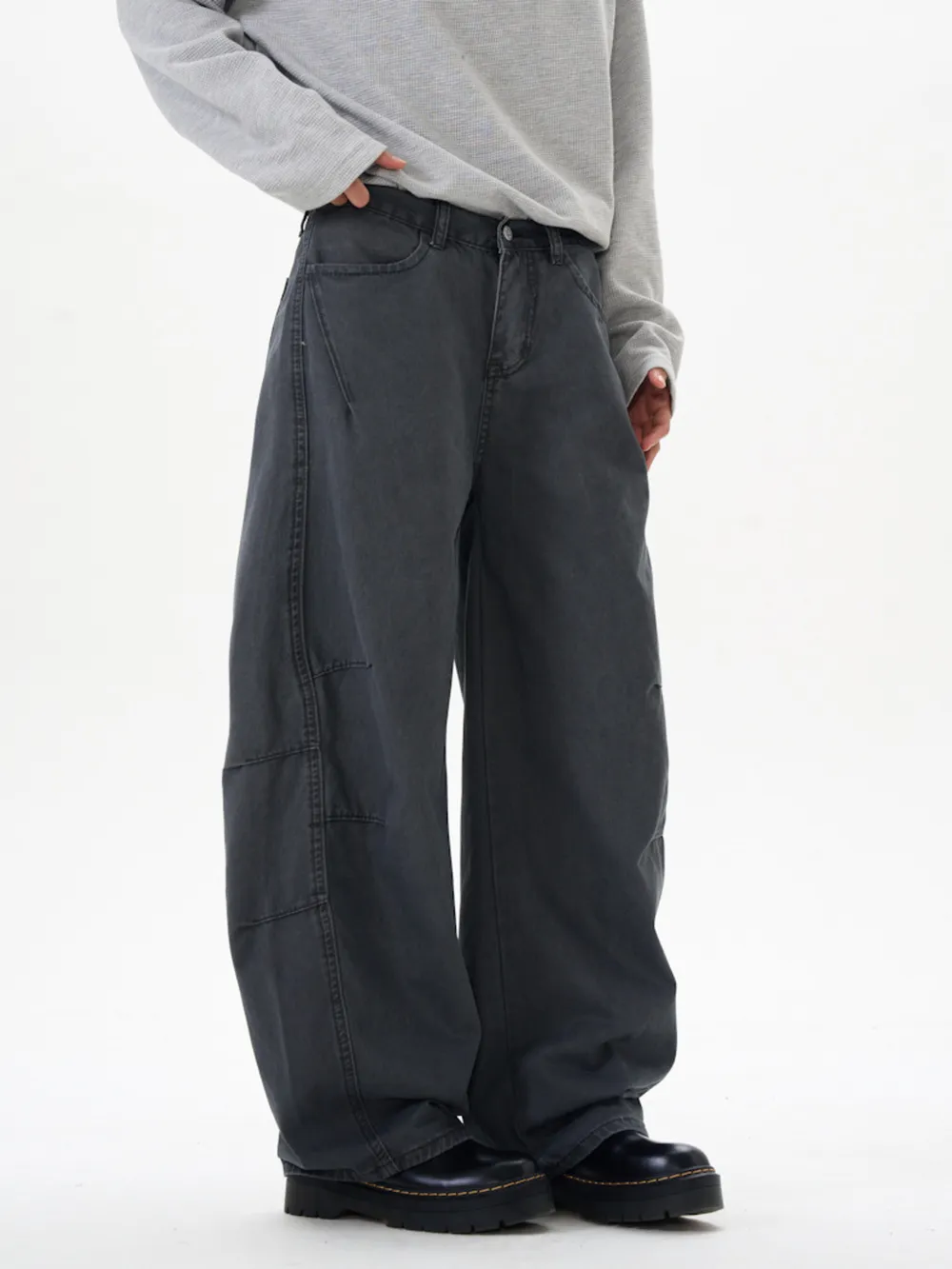 Men's Washed Wide Leg Curved Cargo Jeans, image 9