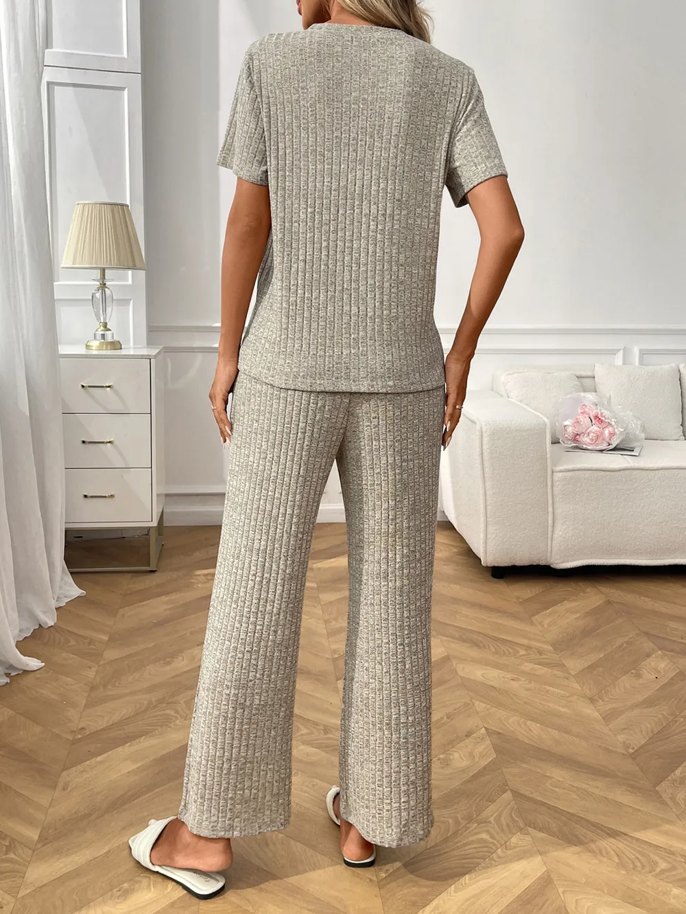 Ribbed Knit Short Sleeve Top and Pants Lounge Set, image 16