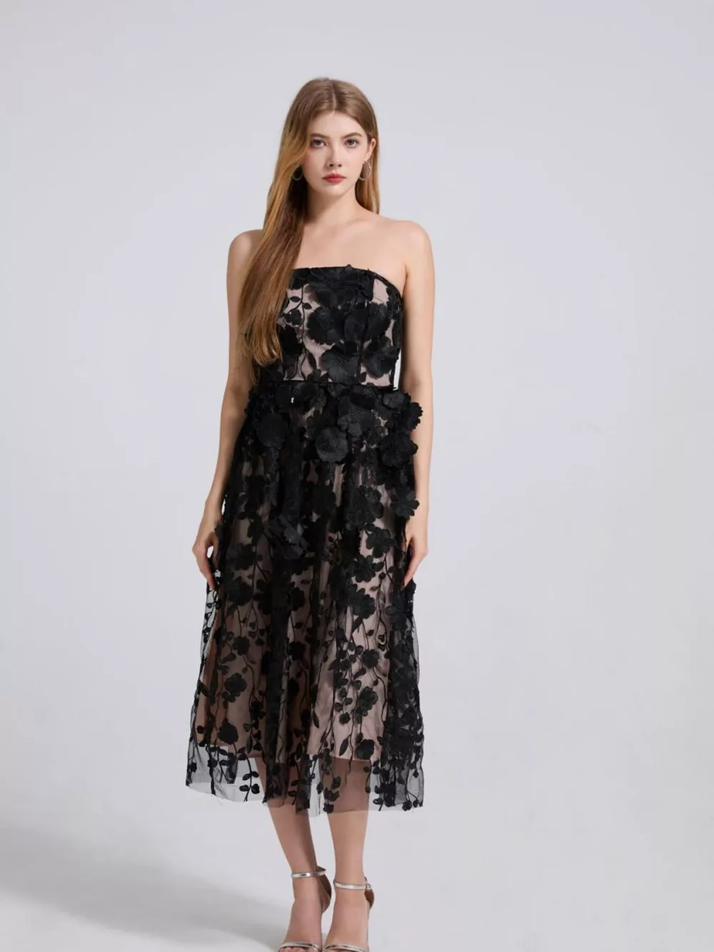 Floral Applique Strapless Midi Dress, image 4