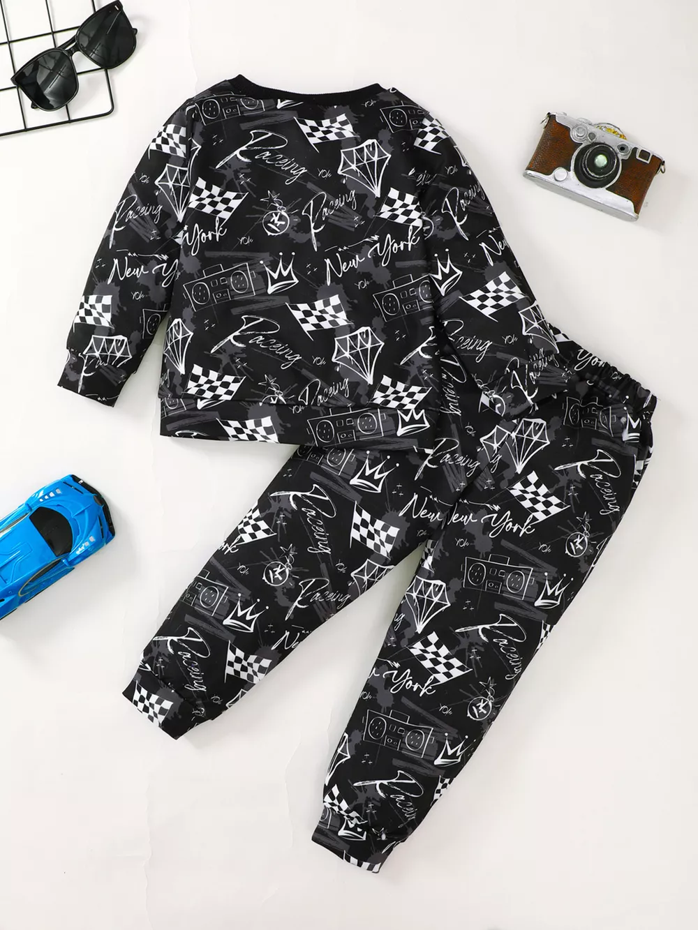 Children's Racing Car Print Long Sleeve Sweatshirt and Pants Set, image 2