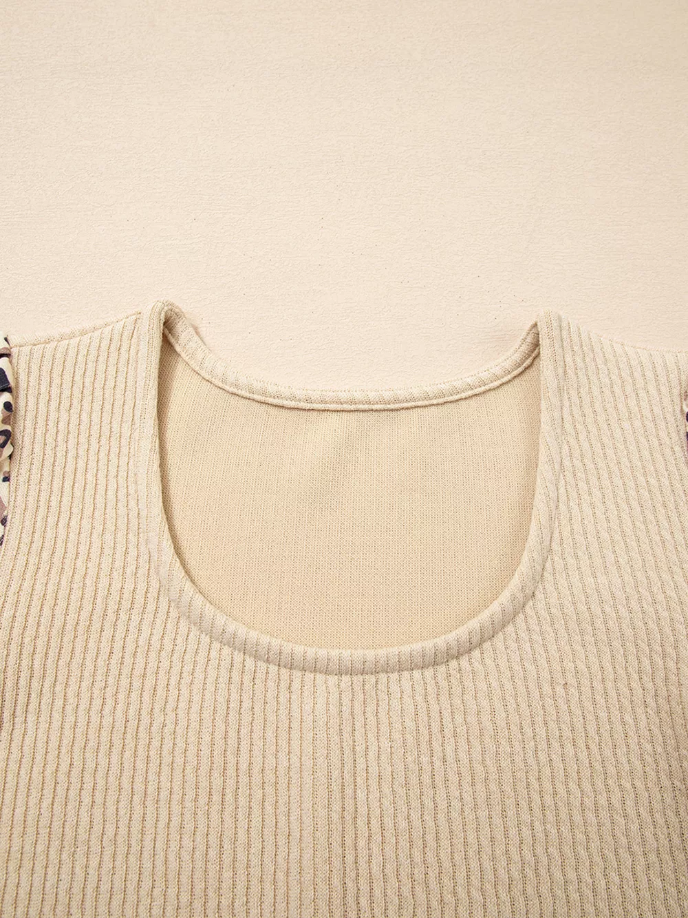 Leopard Sleeve Patchwork Ribbed Knit U Neck Top, image 12