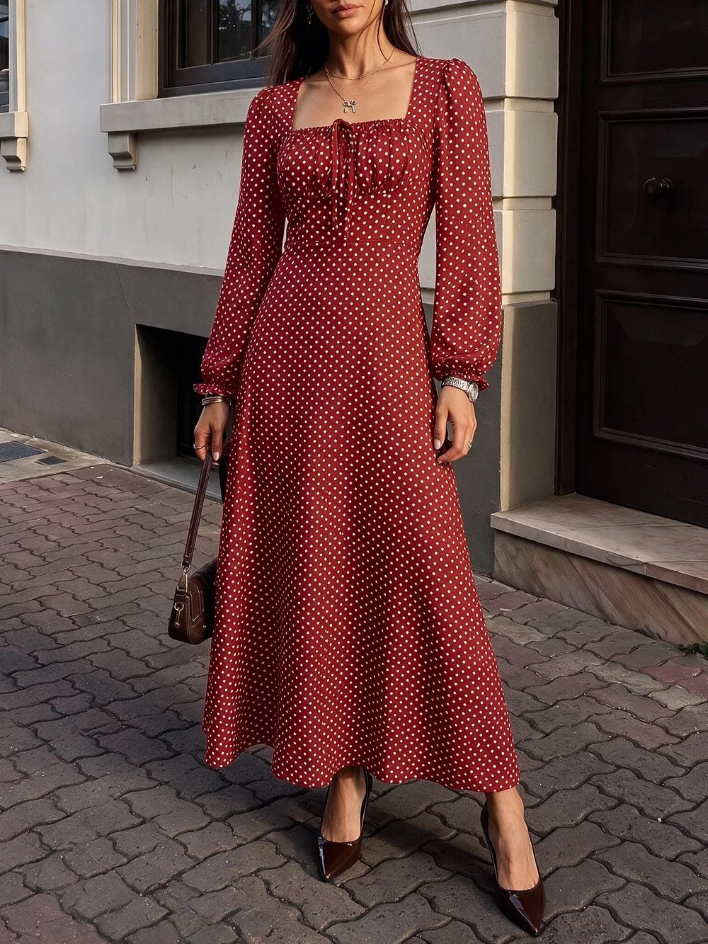 Square Neck Polka Dot Long Sleeve Maxi Dress, image 6