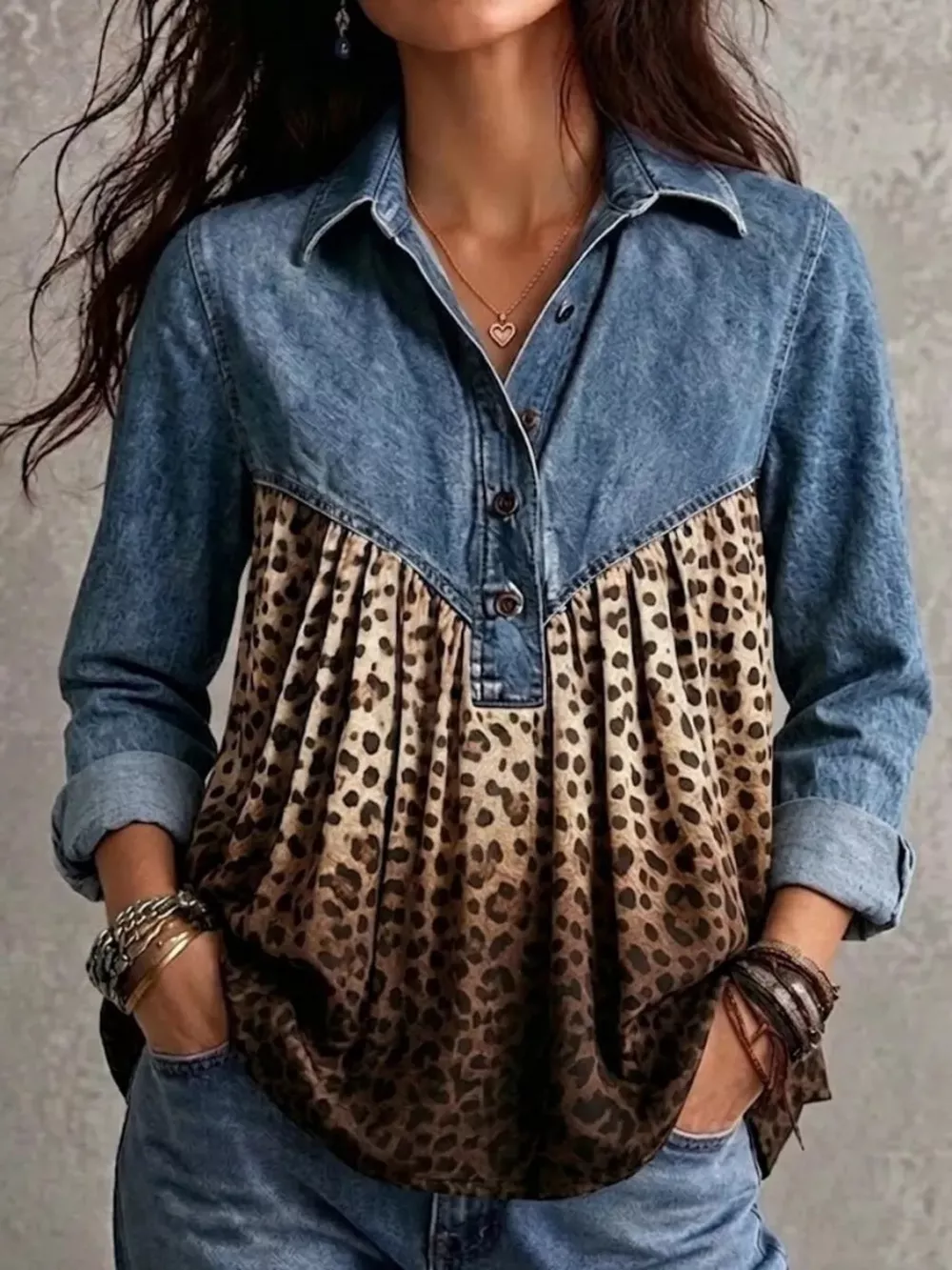 Full Size Leopard Button Detail Blouse Plus Size, image 2