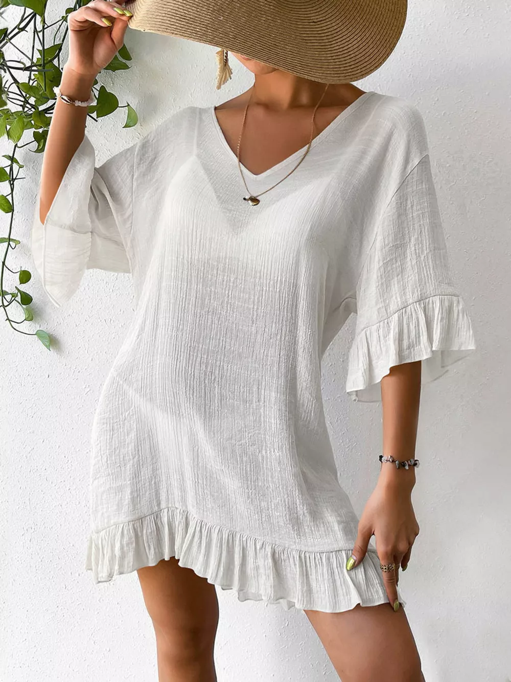 Ruffle Trim Butterfly Back V-Neck Cover-Up Dress, image 2