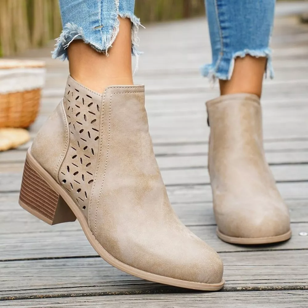 Block Heel Ankle Boots with Cutout Detail