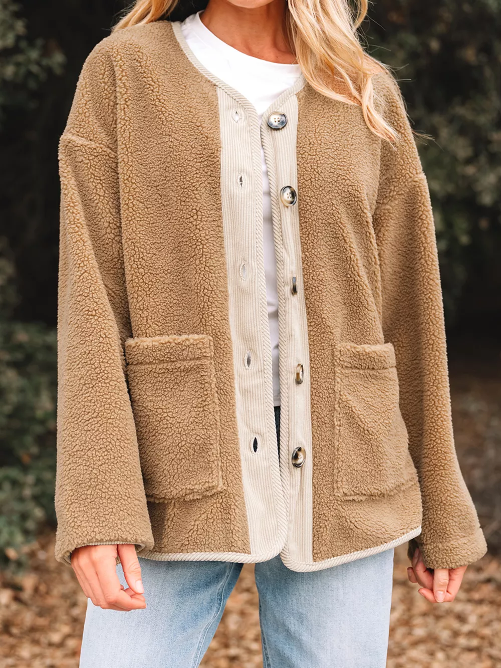 Puffy Plush Corduroy Edge Patchwork Jacket with Pockets, image 6