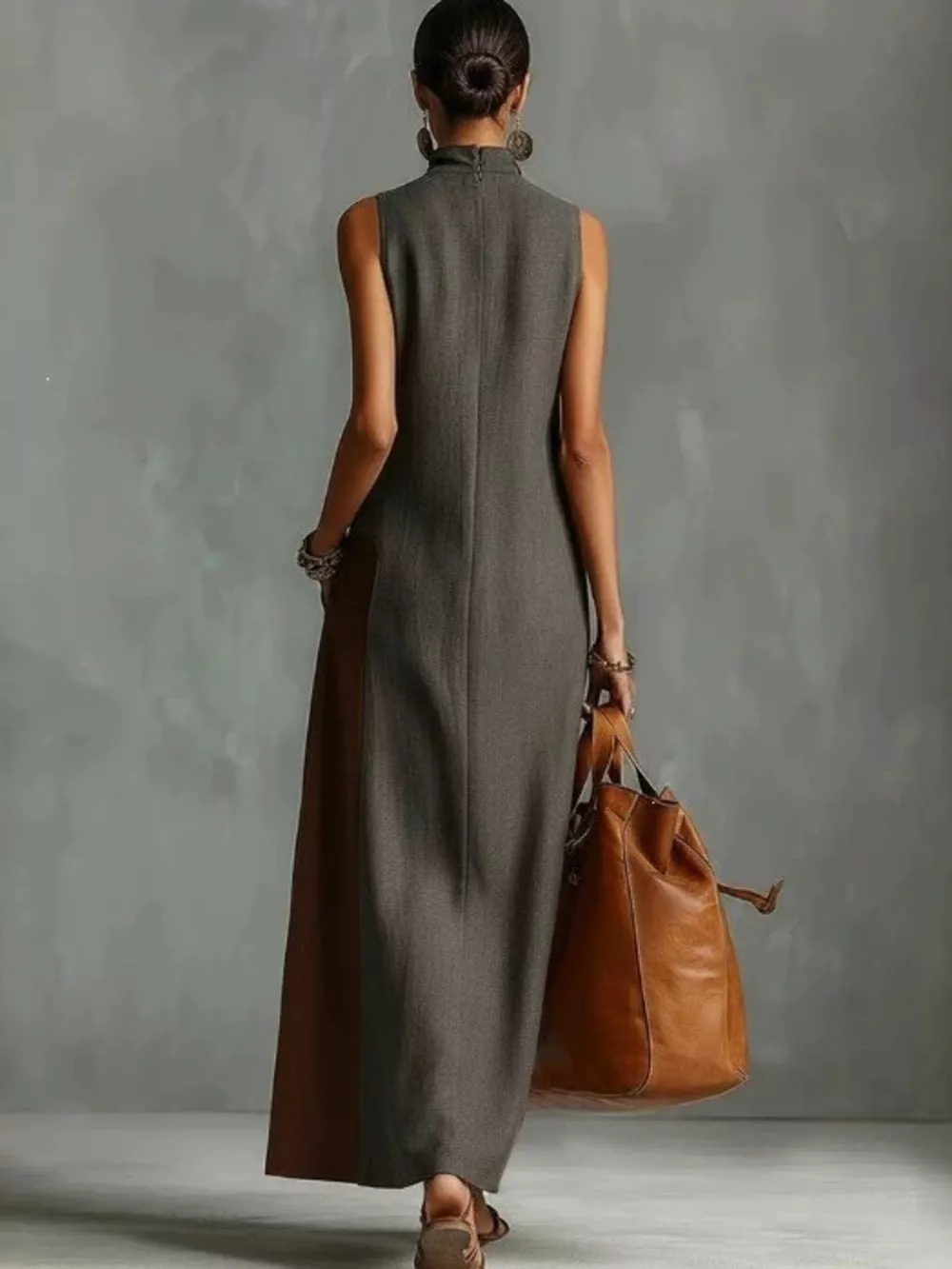 Full Size Color Block Mock Neck Sleeveless Maxi Dress Plus Size, image 2