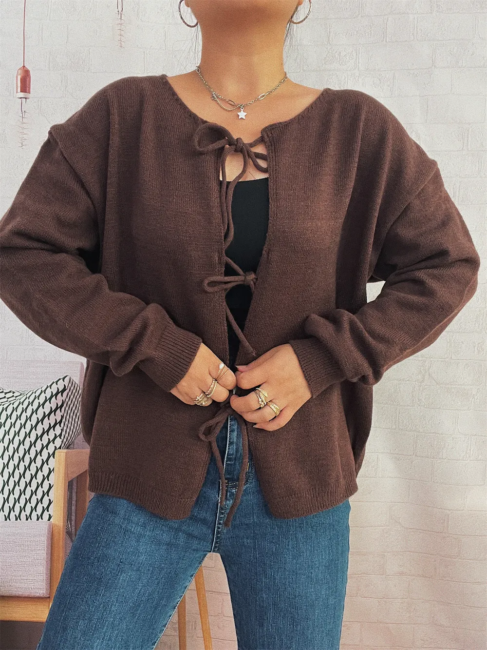 Tie Front Drop Shoulder Cardigan, image 11