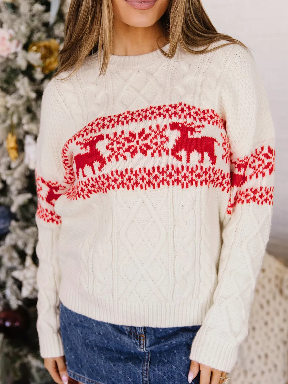 Reindeer Pattern Cable Knit Christmas Fashion Sweater