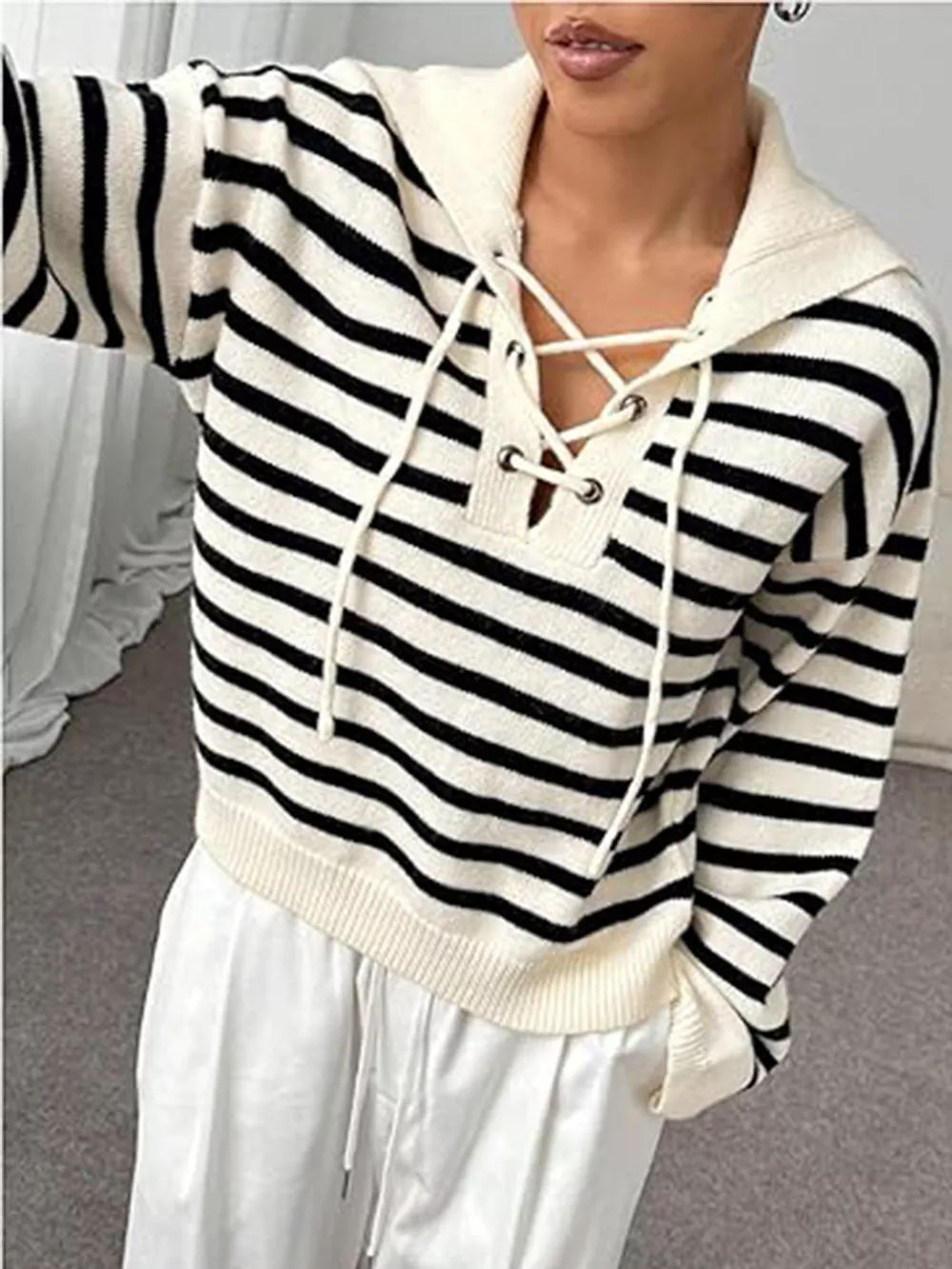 Striped Lace-Up Long Sleeve Sweater, image 4