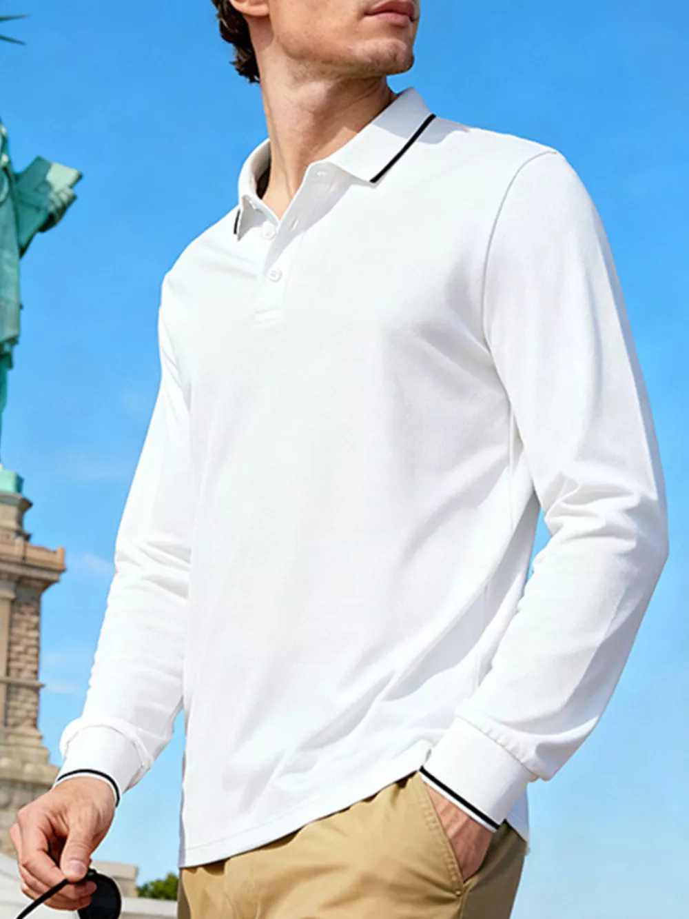 Men's Full Size Classic Long-Sleeve Polo Shirt with Contrast Trim Plus Size, image 15