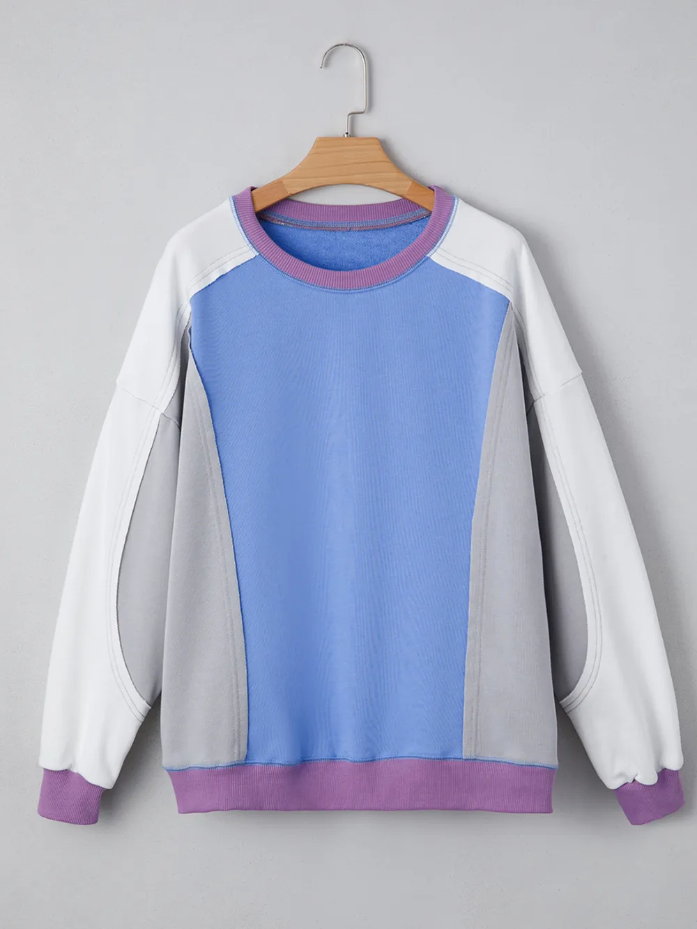 Exposed Seam Colorblock Patchwork Ribbed Trim Sweatshirt, image 9