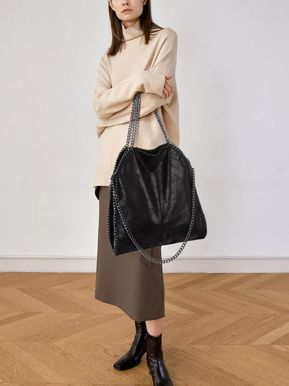 Chain-Trimmed PU Leather Shoulder Bag, image 2