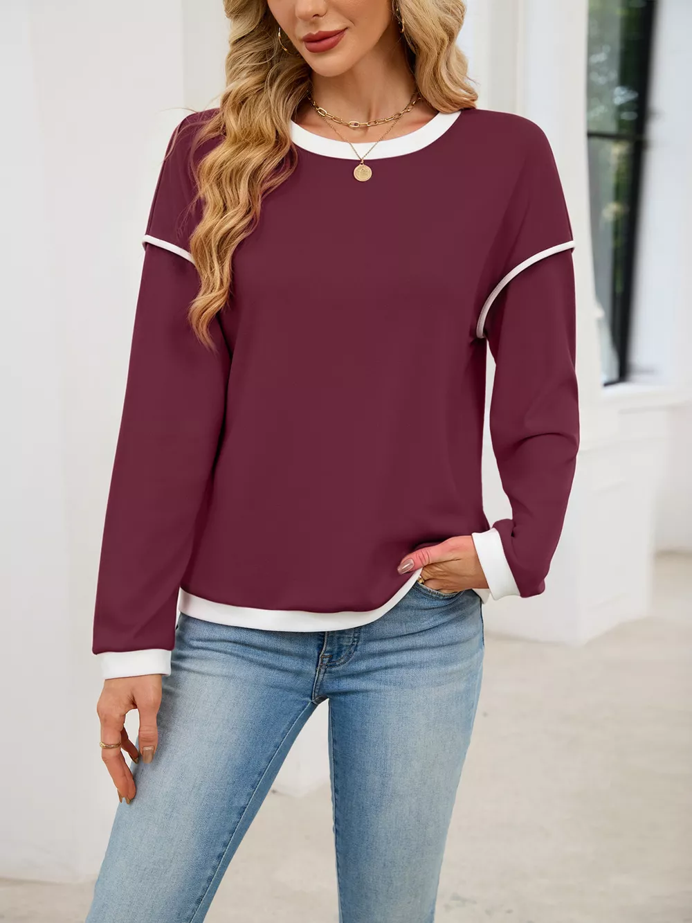 Contrast Trim Long Sleeve Sweatshirt, image 8