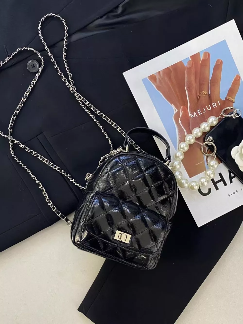 Quilted Metallic and Patent Mini Backpack Bag with Chain Strap, image 4