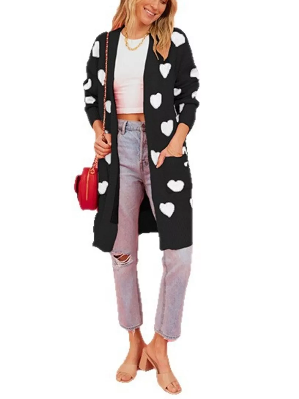 Heart Pattern Open Front Longline Cardigan, image 7