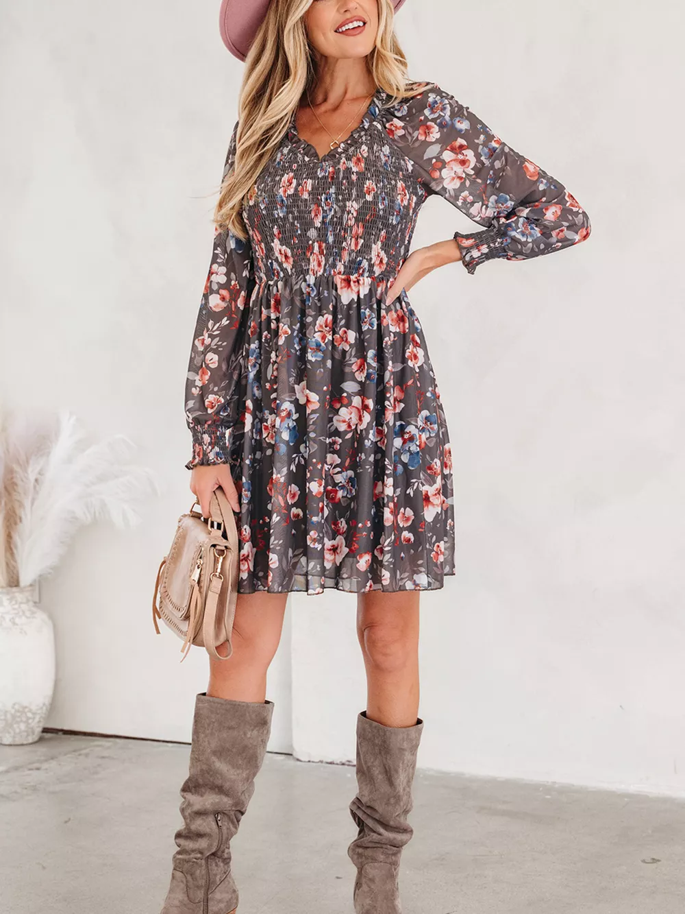 Frilly Smocked Bodice Floral Mesh Long Sleeve Mini Dress, image 12