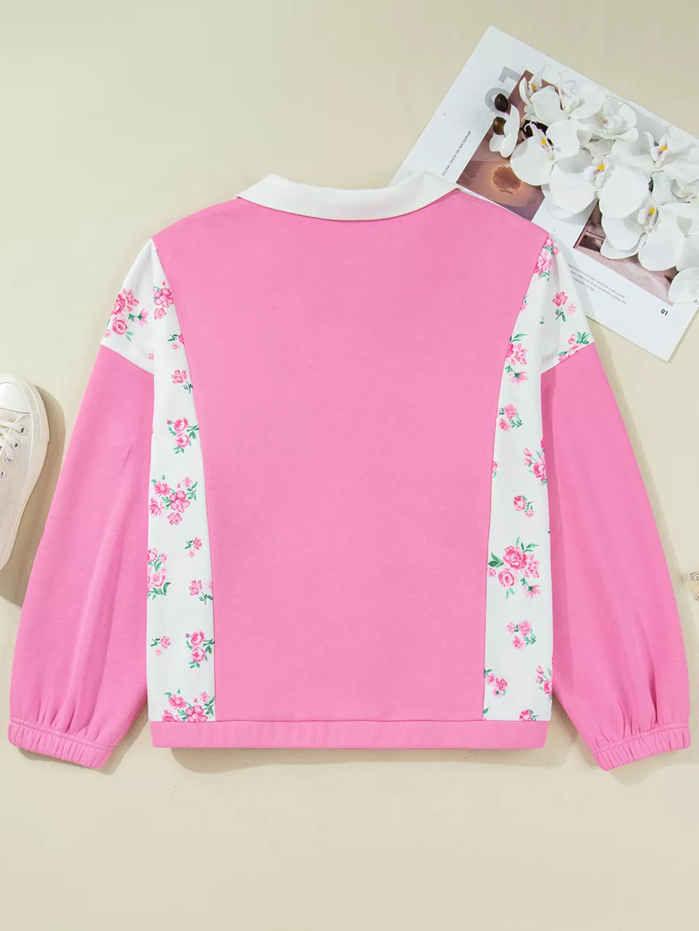 Plus Size Contrast Polo Collar Floral Patchwork Elastic Cuffs Long Sleeve Top, image 7