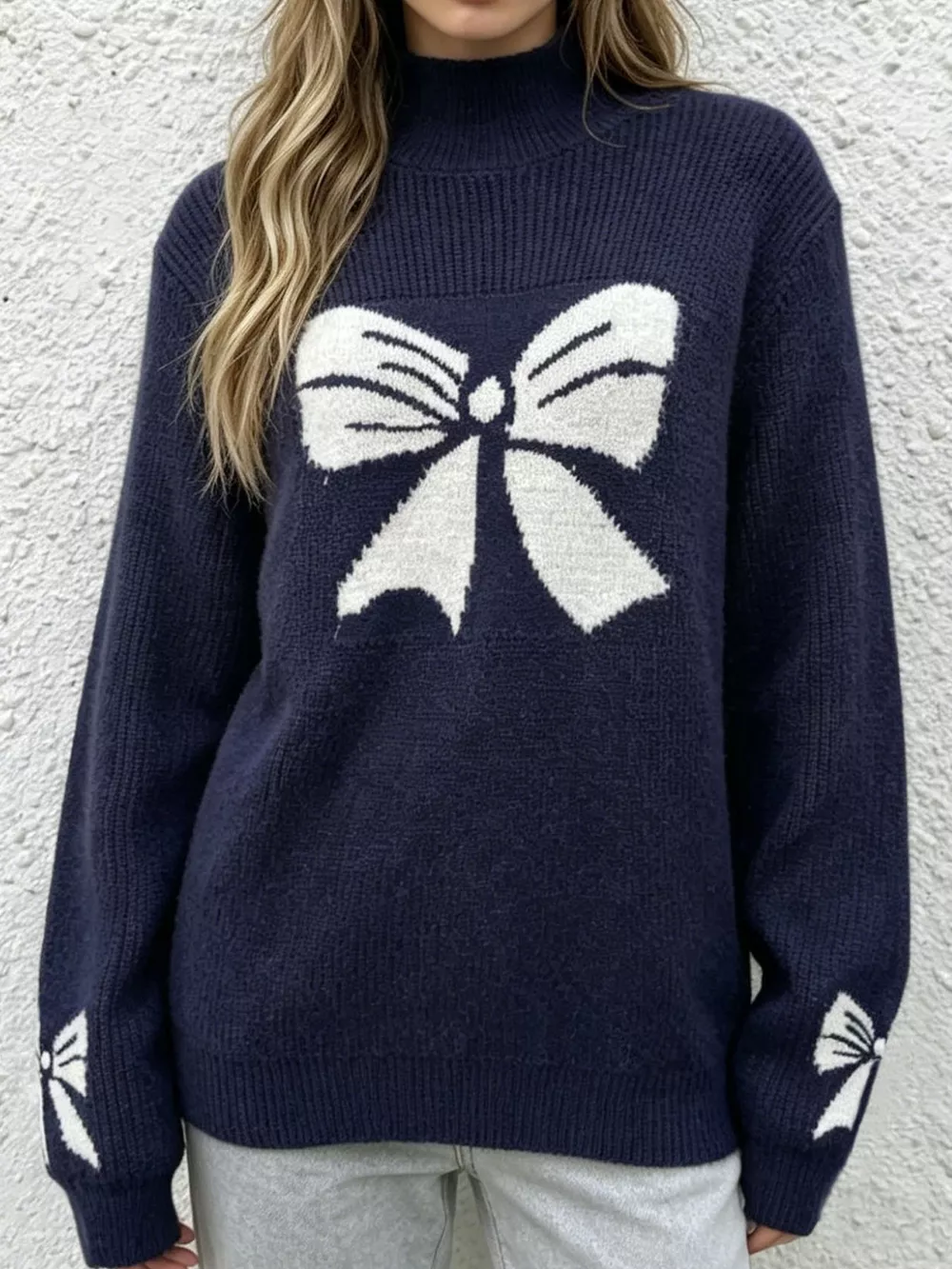 Bowknot Pattern Mock Neck Sweater, image 3
