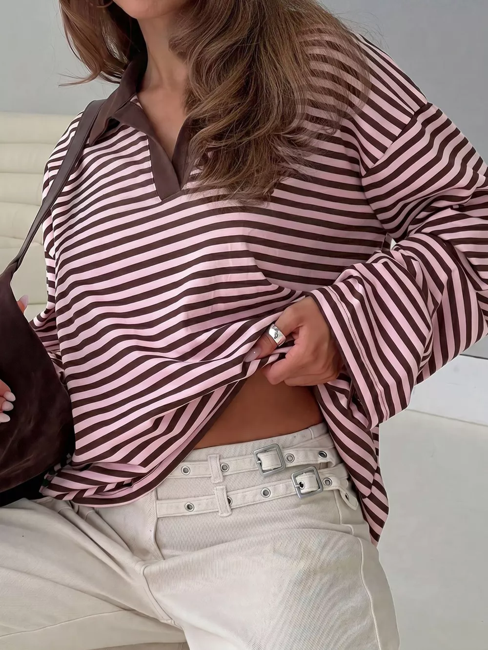 Vintage Striped Polo Collar Long Sleeve Top, image 3