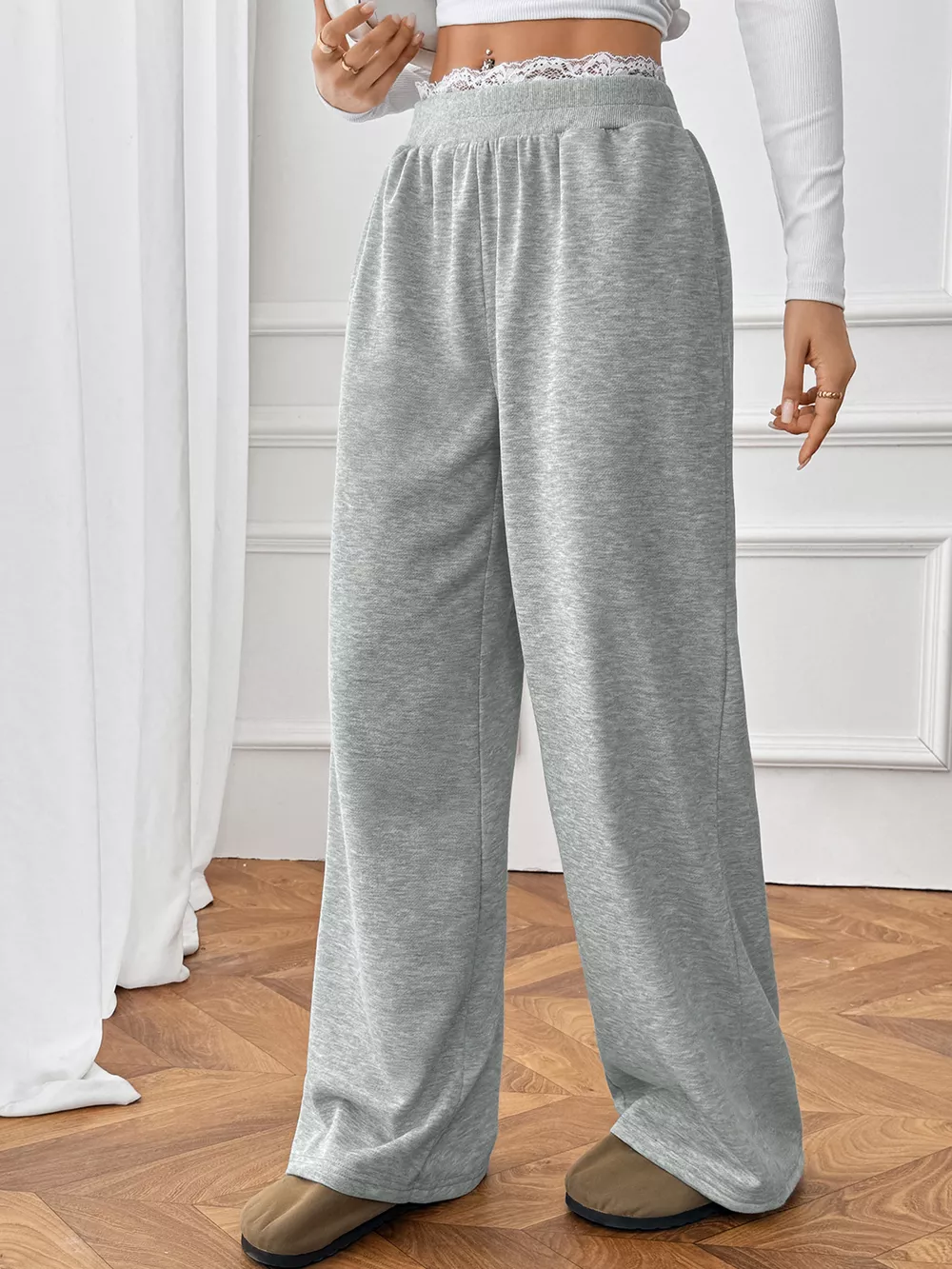 Lace Detail Wide Leg Casual Pants, image 18