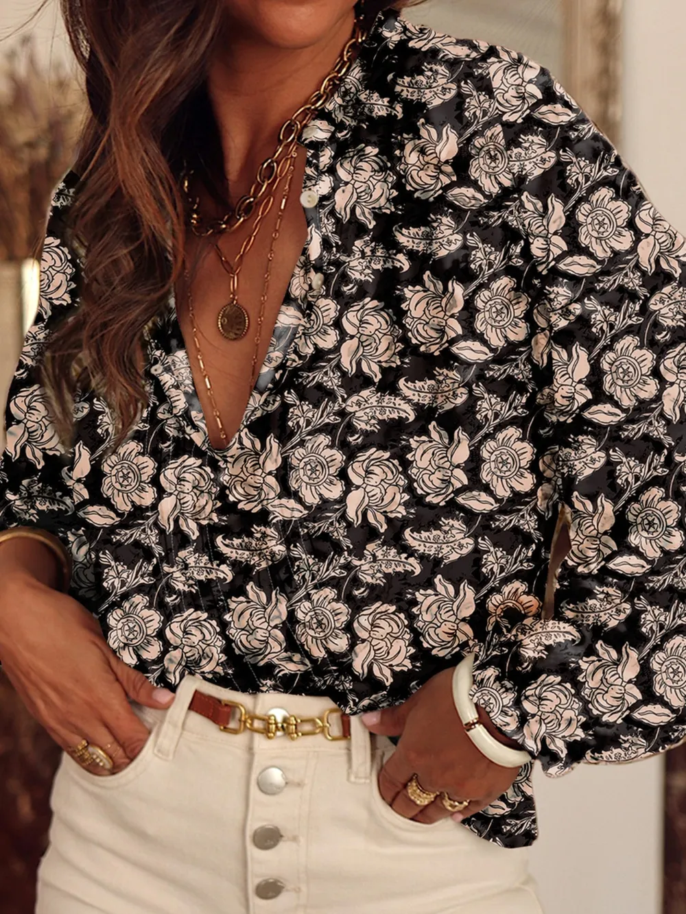 Floral Print Split Neck Pleated Long Sleeve Blouse, image 15