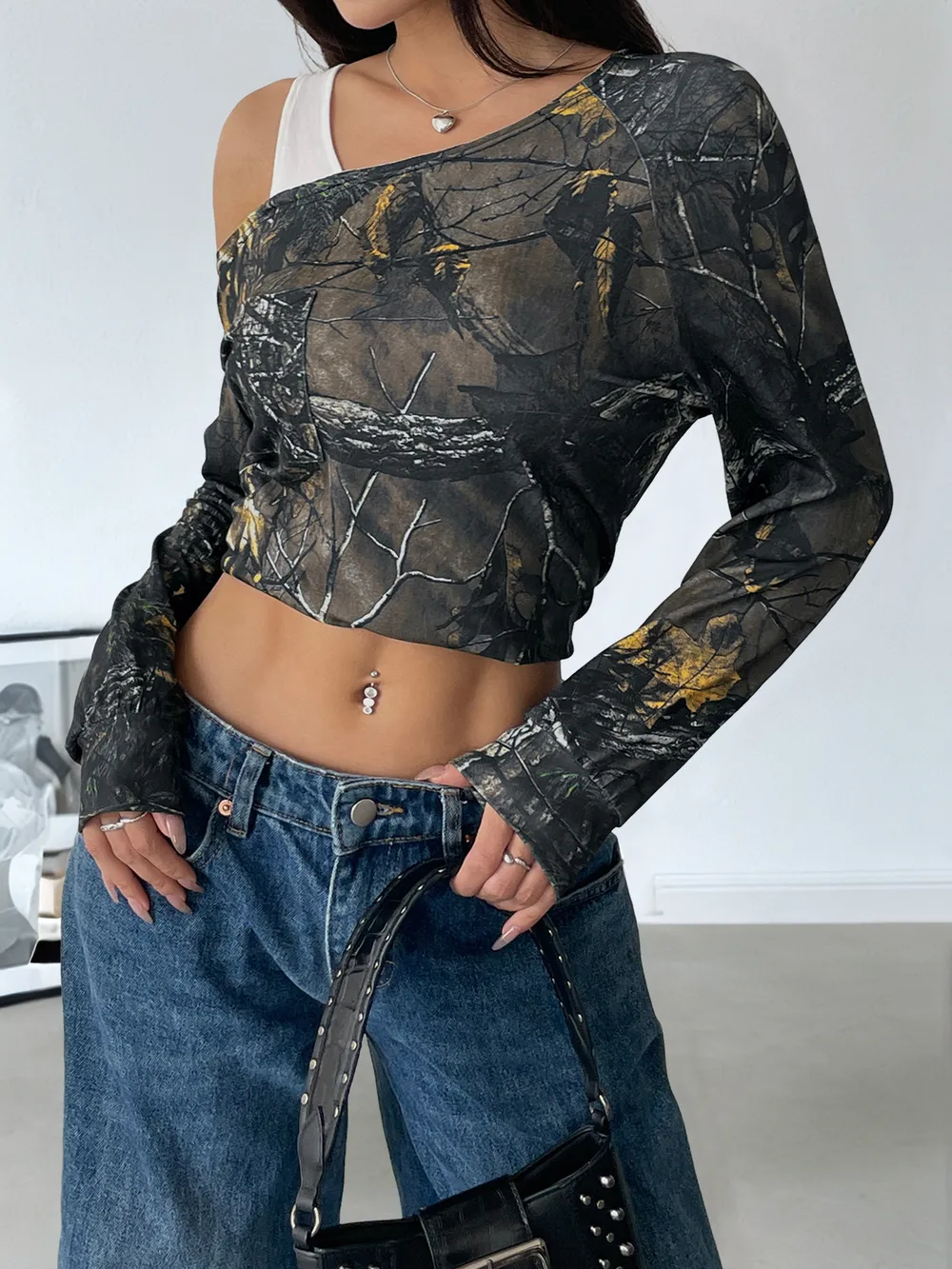 Asymmetrical Neck Printed Long Sleeve Top, image 8