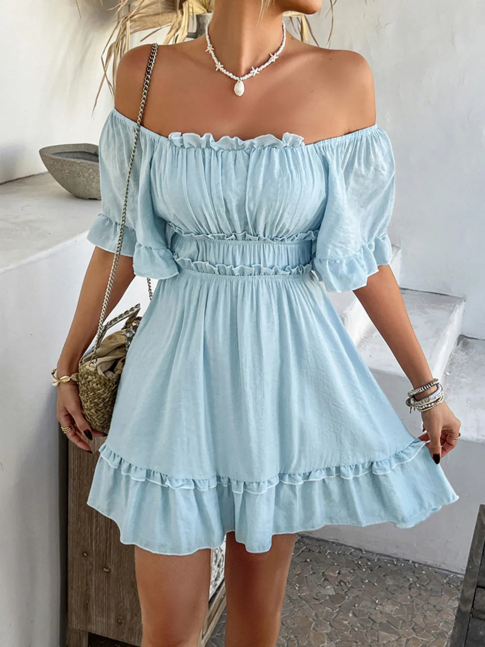 Square Neck Ruffle Trim Mini Dress, image 8