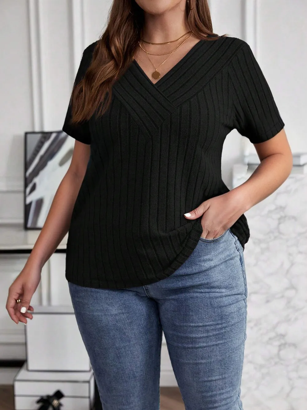 Plus Size V-Neck Short Sleeve Ribbed T-Shirt, image 14