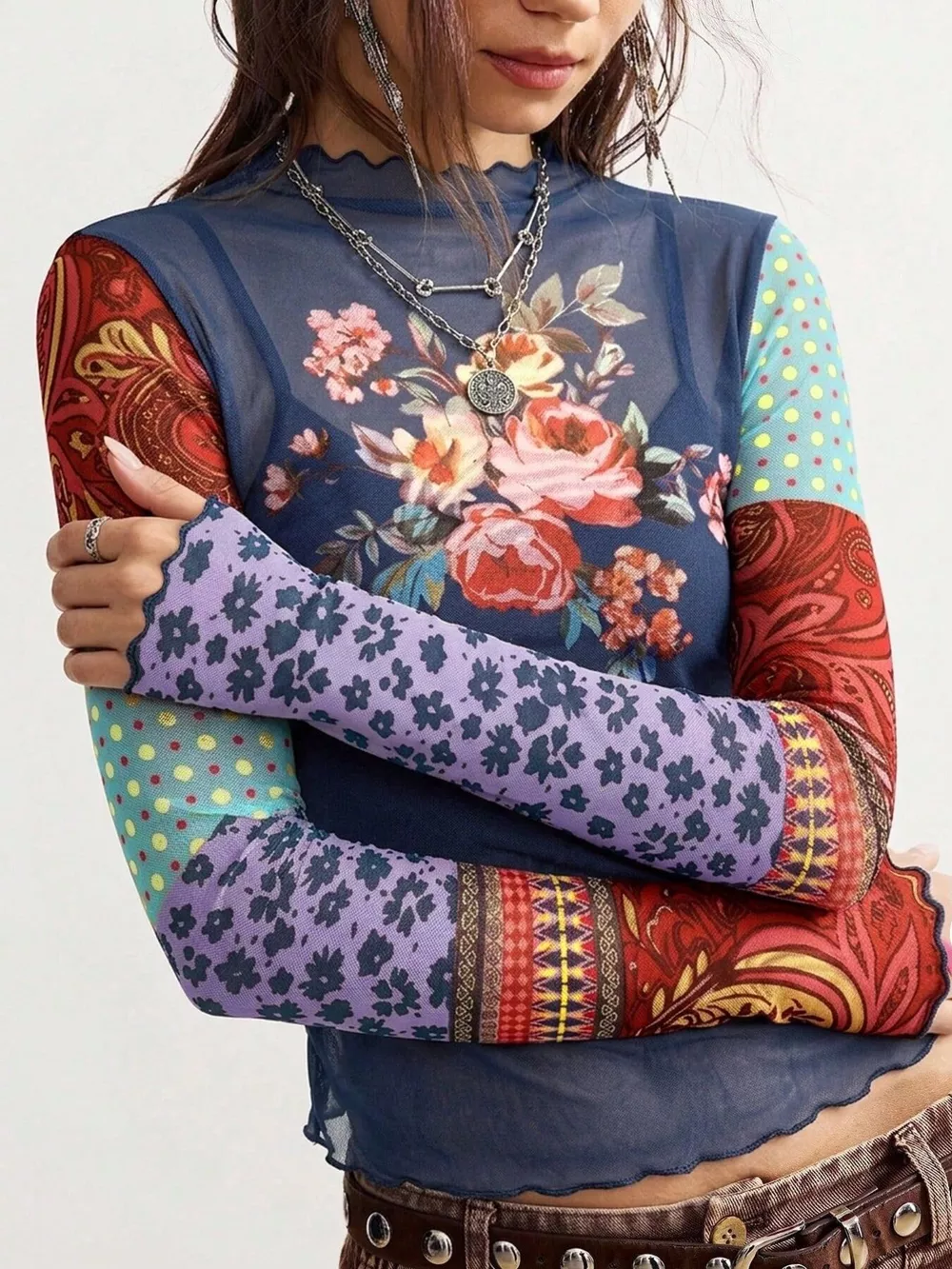 Floral Print Mesh Mock Neck Long Sleeve Top, image 10