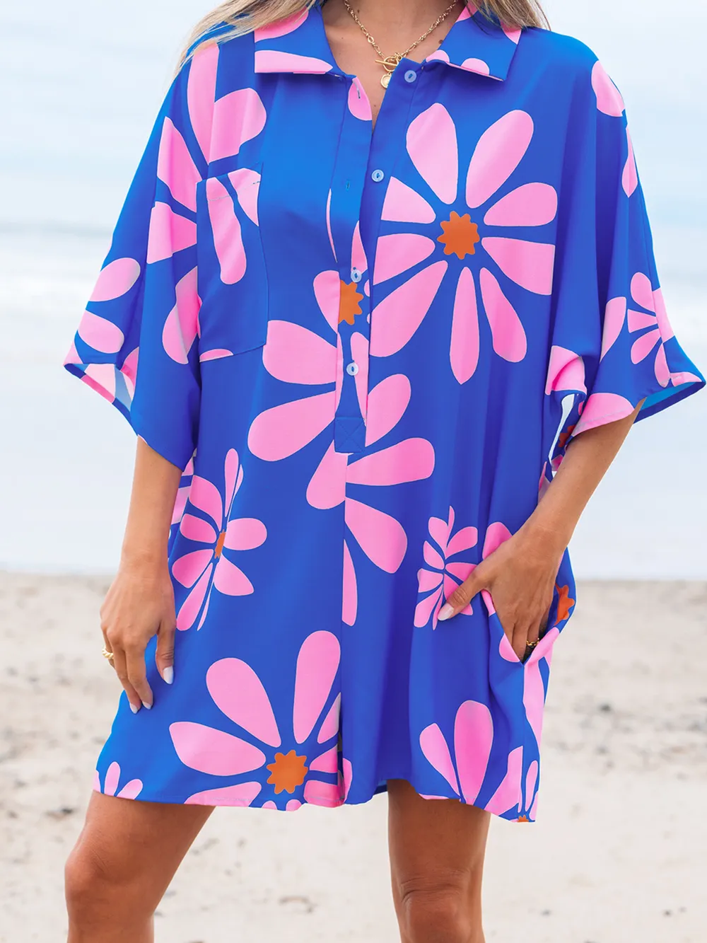 Summer Flower Print Shirt Collar Button Front Loose Romper, image 14