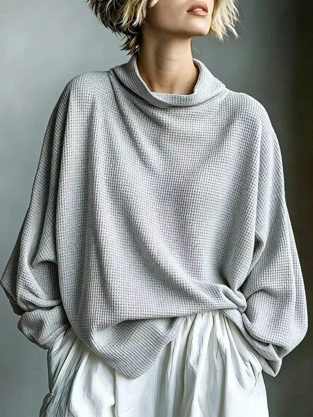 Full Size Oversized Waffle Knit Mock Neck T-Shirt Plus Size, image 10