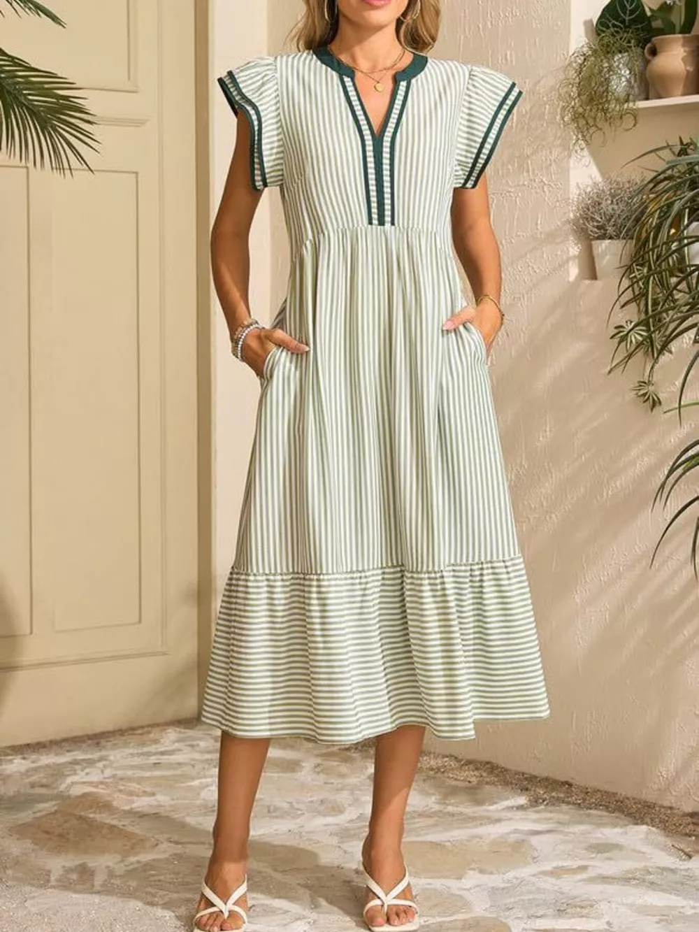 Striped Notched Ruffle Sleeve Dress, image 12
